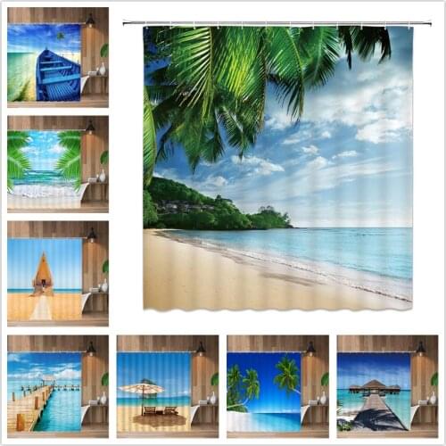 Sea View Beach Sea Surf coconut Landscape Shower Curtains Bathroom Curtain Waterproof Polyester Cloth With Hook Bath Home Decor