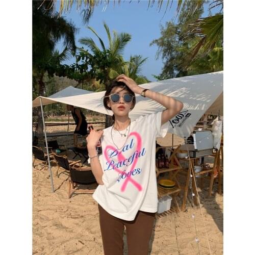 Summer retro sex heart spray paint printing loose short-sleeved T-shirt womens bottoming shirt all-match casual