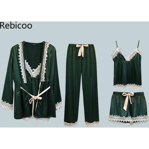 Women 'S Pajama Faux Silk Comfortage Summer Woman Sleep Wear Bottom Top Pants Set Sexy Lace Pajamas Luxury Home Clothes