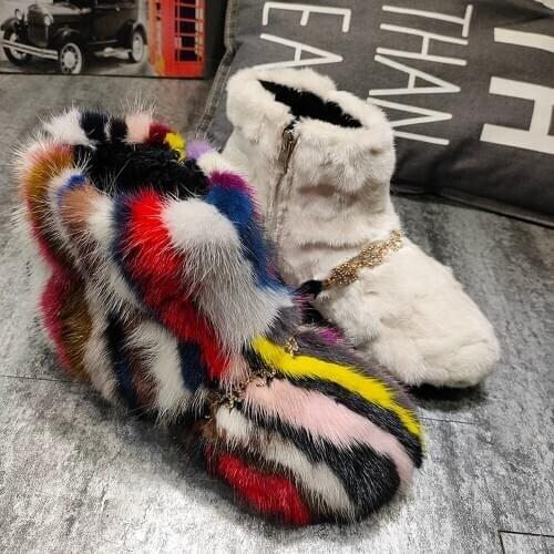 Womens Round Toe Real Mink Fur Muliti-colors Ankle Boots 5G Crystal Rhinestones Snow Warm Winter Shoes 8Colors Austrilain