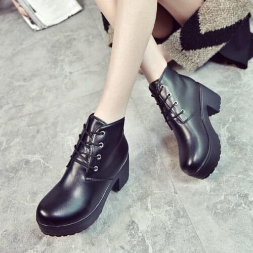 Short boots women spring autumn round head black white womens thick-heeled thick-soled high-heeled cos Martin boots C753