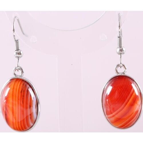 Natural Stone Dangle Earrings For Women Real Orange red Veins Onyx Oval Beads Stainless Steel Earrings 1Pair U429