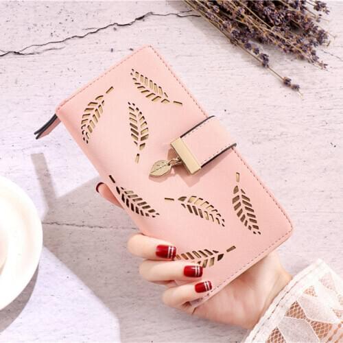2021 Hollow Leaves for credit cards women wallet female coins cute long leather wallets hasp purses ladies zipper luxury design