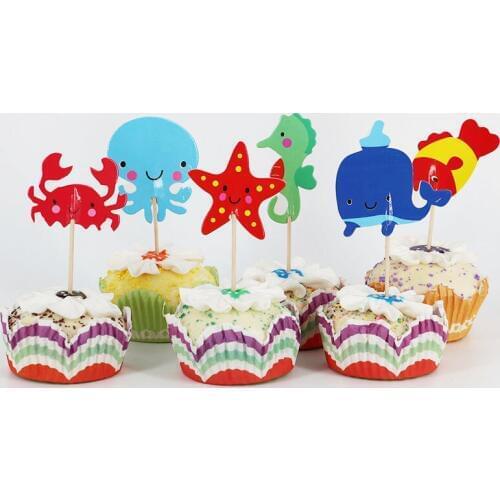 24pcs/lot Underwater animals Cartoon Theme Party Supplies Cupcake Toppers Pick Kid Birthday Cake Decorating Supplies