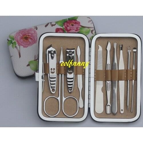 50sets/lot 10 Pcs/Set Flower print box Protable Manicure Set Nail Clippers Cleaner Grooming Kit Nail Care Nail Art Tool Sets
