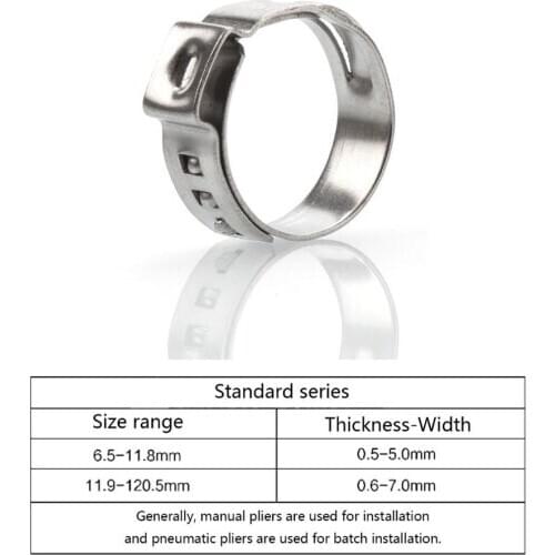 50pcs Single Ear Stepless Hose Clamps 5.8-44.0mm 304 Stainless Steel Hose Clamps Cinch Clamp Rings for Sealing Kinds of Hose