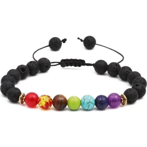 Colorful chakra volcanic stone beaded bracelet Tiger eye yoga mens woven bracelet