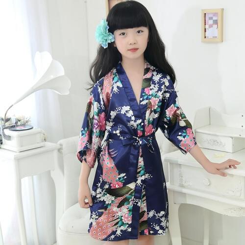 Kids kimono robes navy blue girl peacock nightgown three quarter sleeve flower girl robe for wedding children bathrobe sleepwear