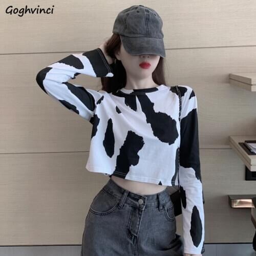 Long Sleeve T-shirts Women Cow Pattern Fashion Crop Top Spring Summer Fashion Kpop Streetwear Basic Vintage Chic Ulzzang Casual