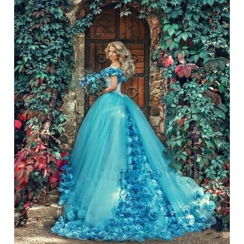 Blue Masquerade Ball Gown Quinceanera Dresses With Handmade Flowers Off Shoulder Court Train Tulle Prom Sweet 15 Dress Evening