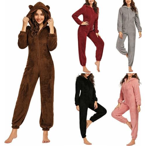 Womens Plush Hooded Warm Sleepwear Romper Winter Jumpsuit Pajamas Thick Pants