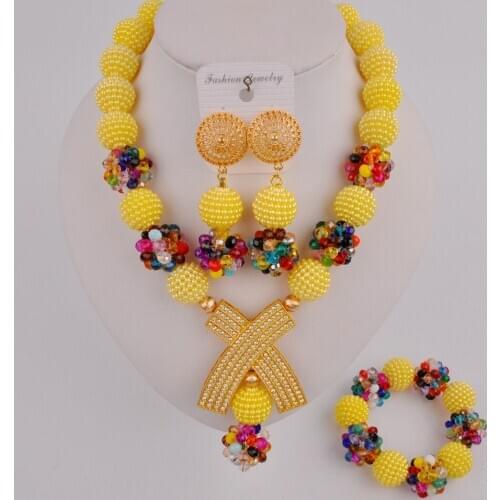 Yellow and Multicolor Fashion African Necklace Beads Set Nigerian Costume Jewelry Set SP-2-15