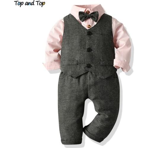 Top and Top Hot New Little Boys Clothing Set Boys Gentleman Suit Long Sleeve Bowtie Shirt+Vest+Pants Kids Formal 3PCS Outfits
