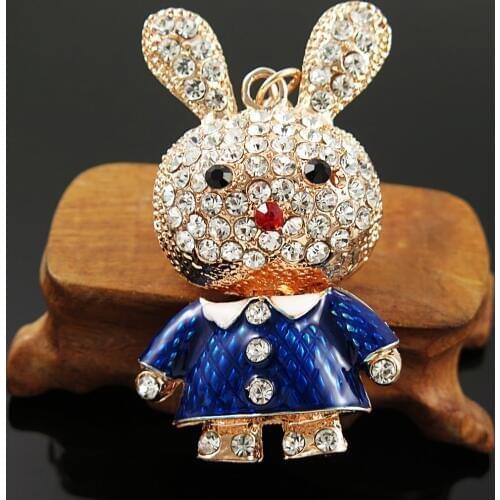 Lovely Blue Enamel Rabbit Keychains Cute Animal Crystal Keyrings for Women Purse Bag Pendant Key Chain Holder Best Gift