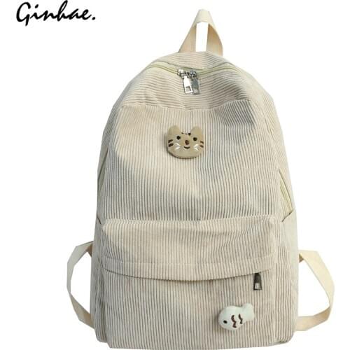 Fashion Striped Velvet School Backpack For Teenage Girl Children Cartoon Animal Daily Daypack Female Cute Large Capacity Bookbag