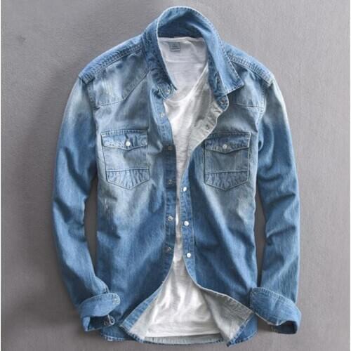 Men Denim Shirt Long Sleeve 100% Cotton Two Pockets Slim Slight Elastic Jeans Cowboy Casual Shirts