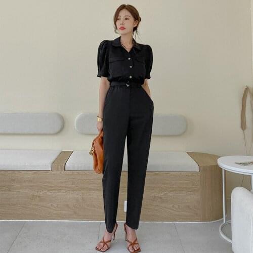 2020 Brand New Women Fashion Jumpsuit Short Sleeve Belted Slim Black Jumpsuit Casual Overalls Office Lady Romper