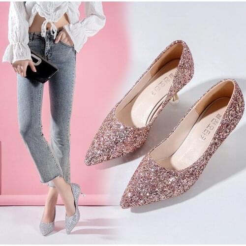 2021 Autumn New Fashion Sequins High Heels Korean Version of The Wild Pointed Shallow Mouth Banquet Wedding Shoes plus size 43