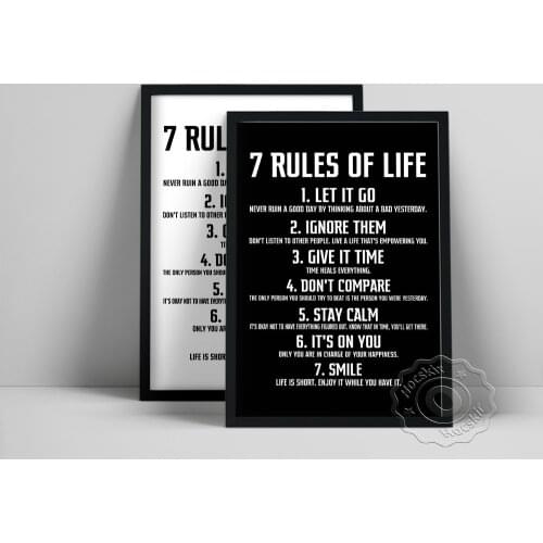 Seven Rules Of Life Poster, Black White Motivational Text Wall Painting, Positive Word Wall Picture, Bedroom Office Wall Decor