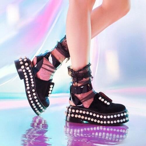 Girls Punk Style Pearl Studs Platform Sole Pointed Toe Sandals Back Straps Patfchwork Suede Leather Summer Shoes
