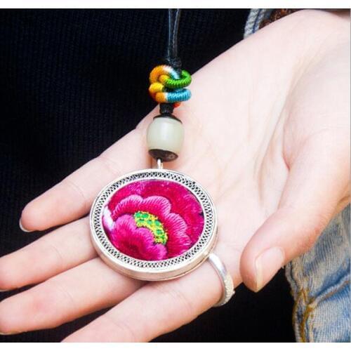 Handmade silver jewelry Bodhi children folk style ethnic Miao silver embroidery Circle Pendant Long Necklace Pendant