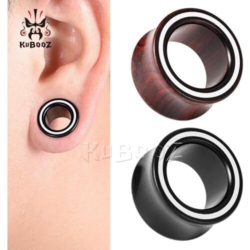 KUBOOZ High End Design White Line Wood Ear Piercing Plugs Gauges Expanders Fashion Body Jewelry Earring Tunnels Stretchers 2PCS