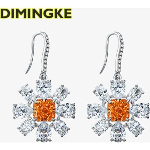 DIMINGKE 7*7MM Orange Diamond Flower Earrings 100% S925 Sterling Silver Womens Jewelry Party Anniversary Gift