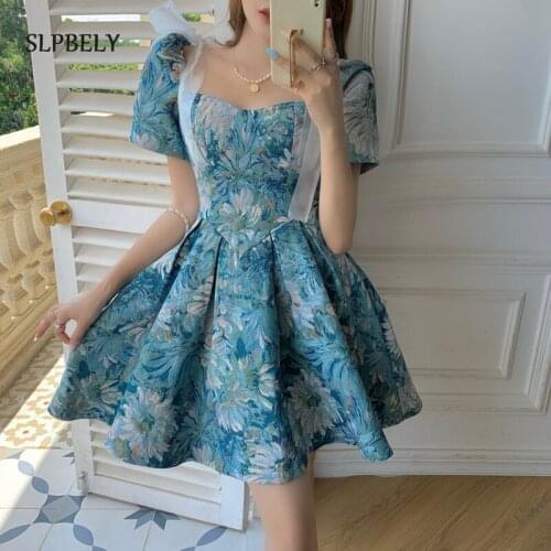 SLPBELY Floral Print Vestidos Retro Ruffles Bowknot Sling Dresses Slim Vintage Spaghetti Straps Mini Party Club Dress Sundresses