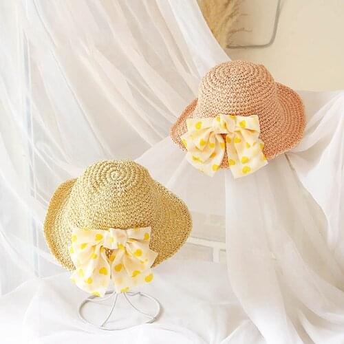 Menoea 2021 summer Hand Crochet Hollow Flower Sun Hats For Child Bowknot Wide Brim Fashion Baby Girls Straw Hat Beach Hat