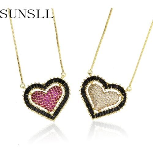 SUNSLL New Designed Handmade Gold Copper Red/White Black Cubic Zirconia Heart Romantic Pendant Necklace Jewelry for Women Gift