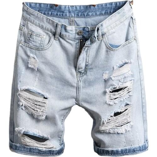Light Blue Denim Shorts For Men Holes Thin Shorts Jeans High Quality Men Straight Casual Jeans Shorts Knee Length Denim Shorts
