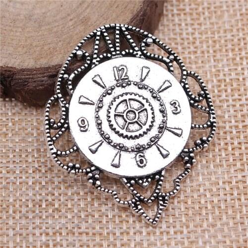 WYSIWYG 2pcs Antique Silver Color Tone 43x35mm Gear Clock Steampunk Charms Pendant For Jewelry Making DIY Jewelry Findings