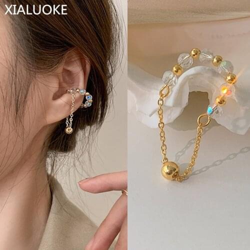 XIALUOKE Fashion Metal Chain Geometry Beaded Glass Clip Earrings For Women Vintage No Ear Pierced EarClip Jewelry