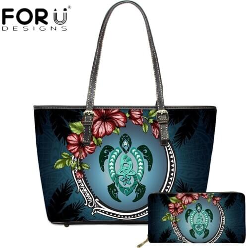 FORUDESIGNS Hot Selling Vintage Women Shopper Shoulder Bag Hawaii Polynesian Sea Turtle Hibiscus Printing Party Beach Bolsa