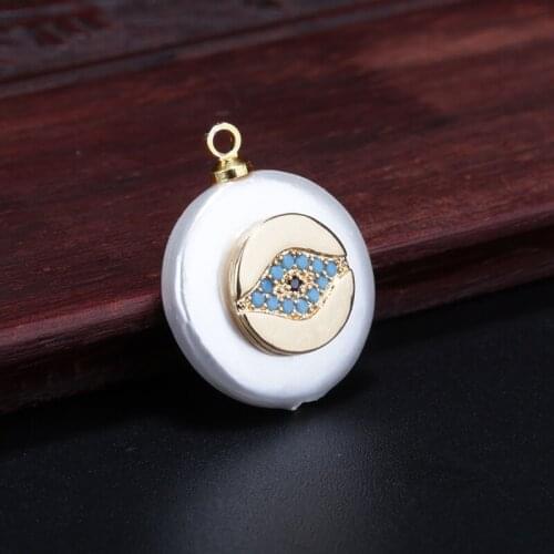 Gold multiple cz paved blue eye evil eye protection charm coin pearl bead pendant for jewelry DIY for earring choker necklace