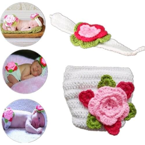 2pcs/Set Newborn Photography Props Crochet Knitted Baby Girls Flowers Headband + Floral Costume For Infant Clothes