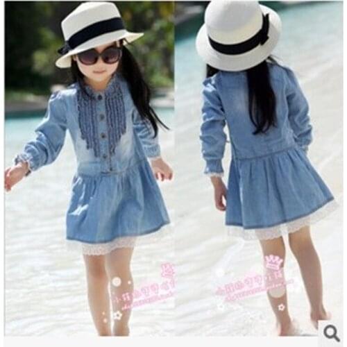 2016 girls casual princess dresses new spring summer childrens clothing kids thin denim long-sleeve dress
