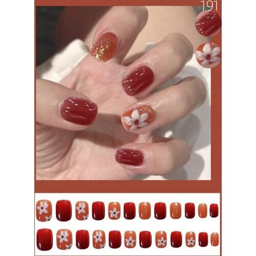 High Quality 24pcs Peony Flower Printed Nail Patch Glue Type Removable Short Paragraph Fashion Manicure False Nail Patch New