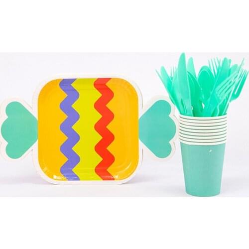 32pcs/set Cartoon Disposable Tableware Candy Shape Paper Plates Cups Fork Spoon Kids Birthday Baby Shower Party Decor Supplies