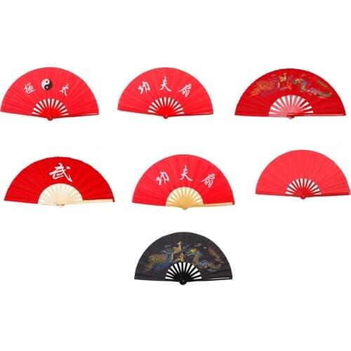 7styles high quality martial arts performance fan with bag bamboo kung fu tai chi fitness taiji fans black/red dragon phoenix
