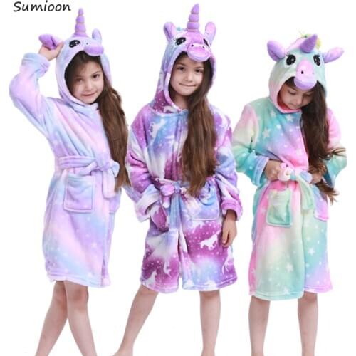 Kids Flannel Unicorn Hooded Bathrobe Childrens Dressing Gown Bath Robe Kigurumi Animal Sleepwear For Girls Boys Winter Pyjamas