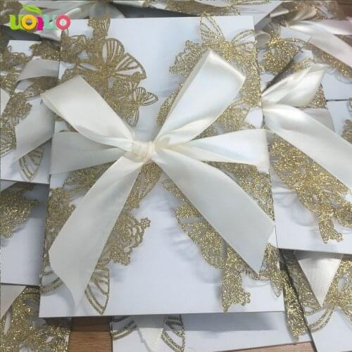 Hot sale glitter paper gold color butterfly invitation card laser cut invitations birthday cards wholesale glitter gold