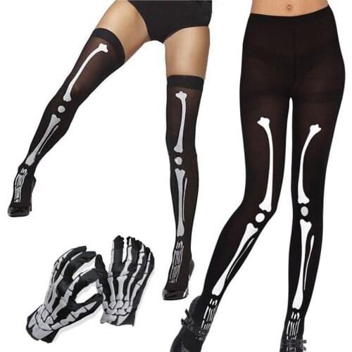 Halloween Skeleton Bone Costume Accessory Girls Horror Pantyhose Tights Leggings Stockings High Thigh Socks Gloves For Women
