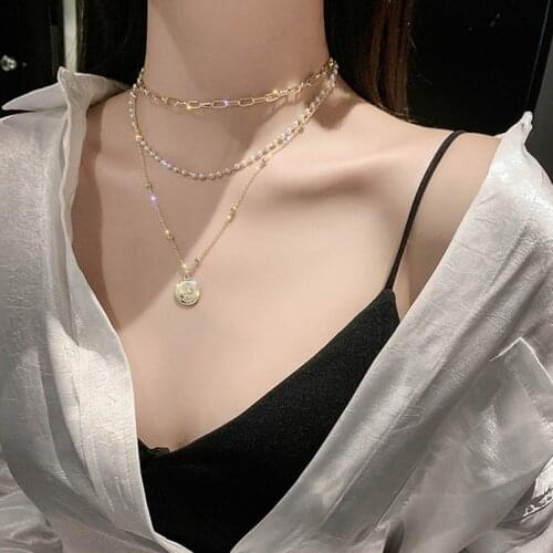 IFKM Punk Multi Layered Pearl Choker Necklace Collar Statement Virgin Mary Coin Metal Pendant Beaded Chain Necklace Women Gift