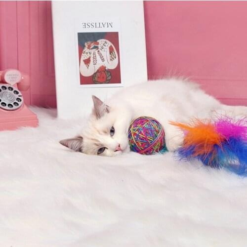 Pet Cat Toy Colorful Yarn Ball Funny Cat With Feather Interactive Toy 7cm Cat Scratching Toy Interesting Pet Suppliesaccessories