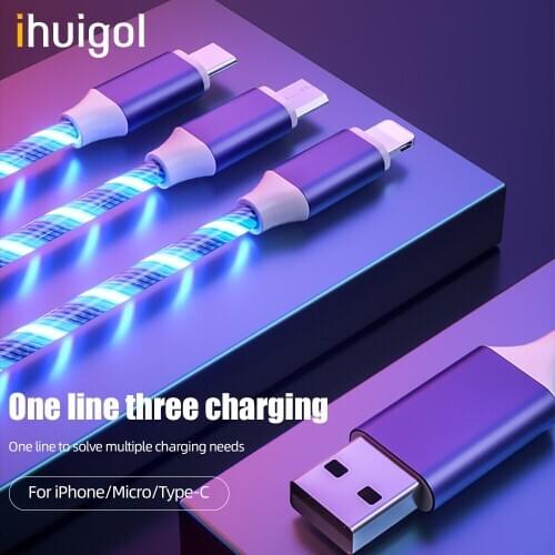 Ihuigol 2.4A 3 in 1 Micro USB Cable 8 Pin Type C Flowing Light Fast Charging Cable For iPhone 11 XS 8 7 Xiaomi Samsung Wire Cord