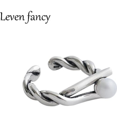 925 Sterling Silver Ring Winding Lines Ring For Women Elegant Vintage Silver Pearl Ring Adjustable Fine Jewelry 925 Korean Gift