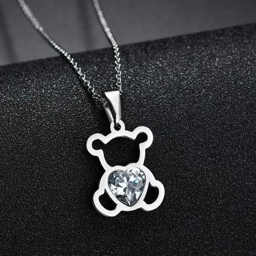 Fashion Stainless Steel Cute Bear Jewelry Set With Bling Heart Crystal Zircon Necklace Pendant for Women Kids Birthday Presents