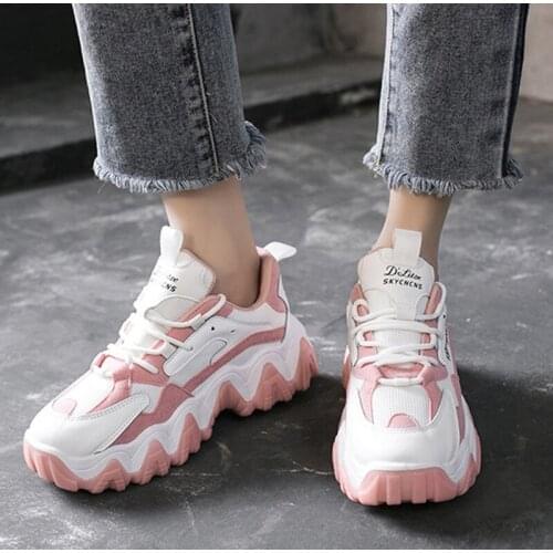 Womens Daddy Shoes Pu Thick Bottom Female Sneakers Mixed Color Lace Up Breathable Non-slip Ladies Fashion Running Shoe Comfort