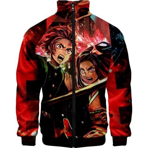 Demon Slayer Womens Manga 3D Zip Jacket Standing Collar Mens Sweatshirt Kimetsu no Yaiba Red Childrens Zip Jacket